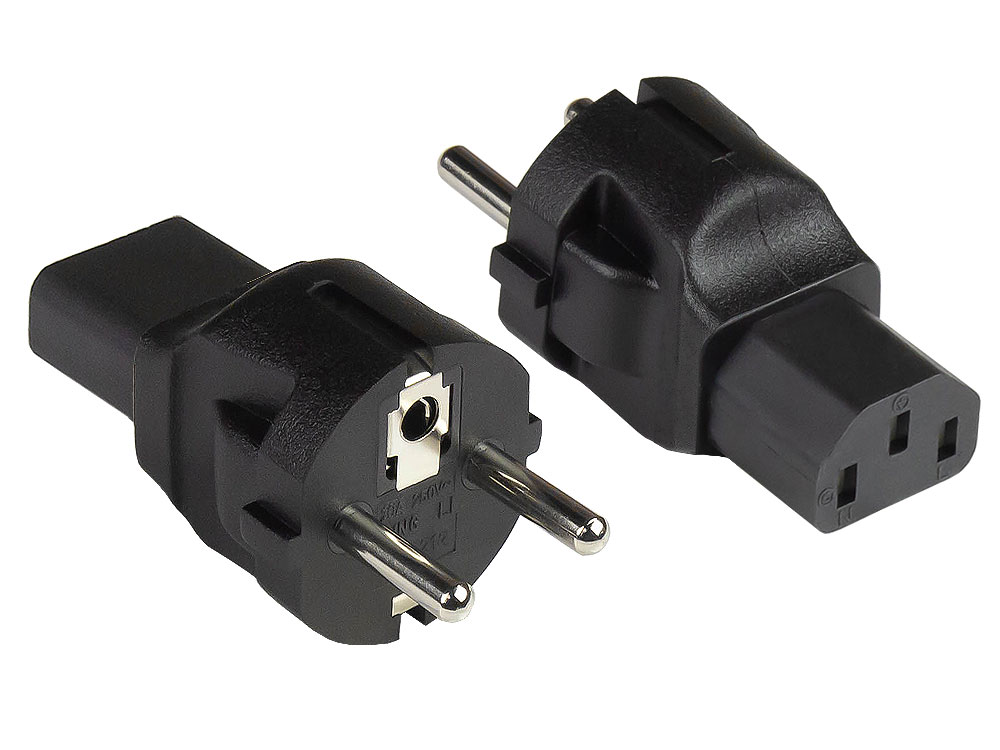 Stromadapter Schutzkontakt-Stecker Typ E+F (CEE 7/7, gerade) an Kaltgeräte-Buchse C13, schwarz