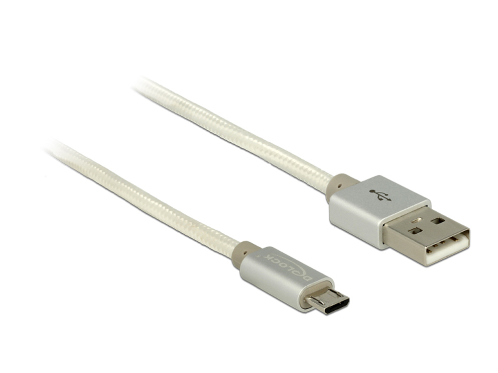 Anschlusskabel USB 2.0 A Stecker an USB 2.0 Micro B Stecker mit Textilummantelung, weiß, 0,5m