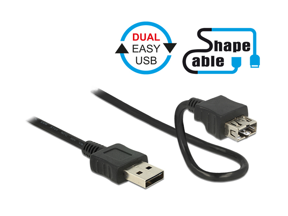 Anschlusskabel EASY USB 2.0, Typ A Stecker an Typ A Buchse, ShapeCable, schwarz, 0,2m