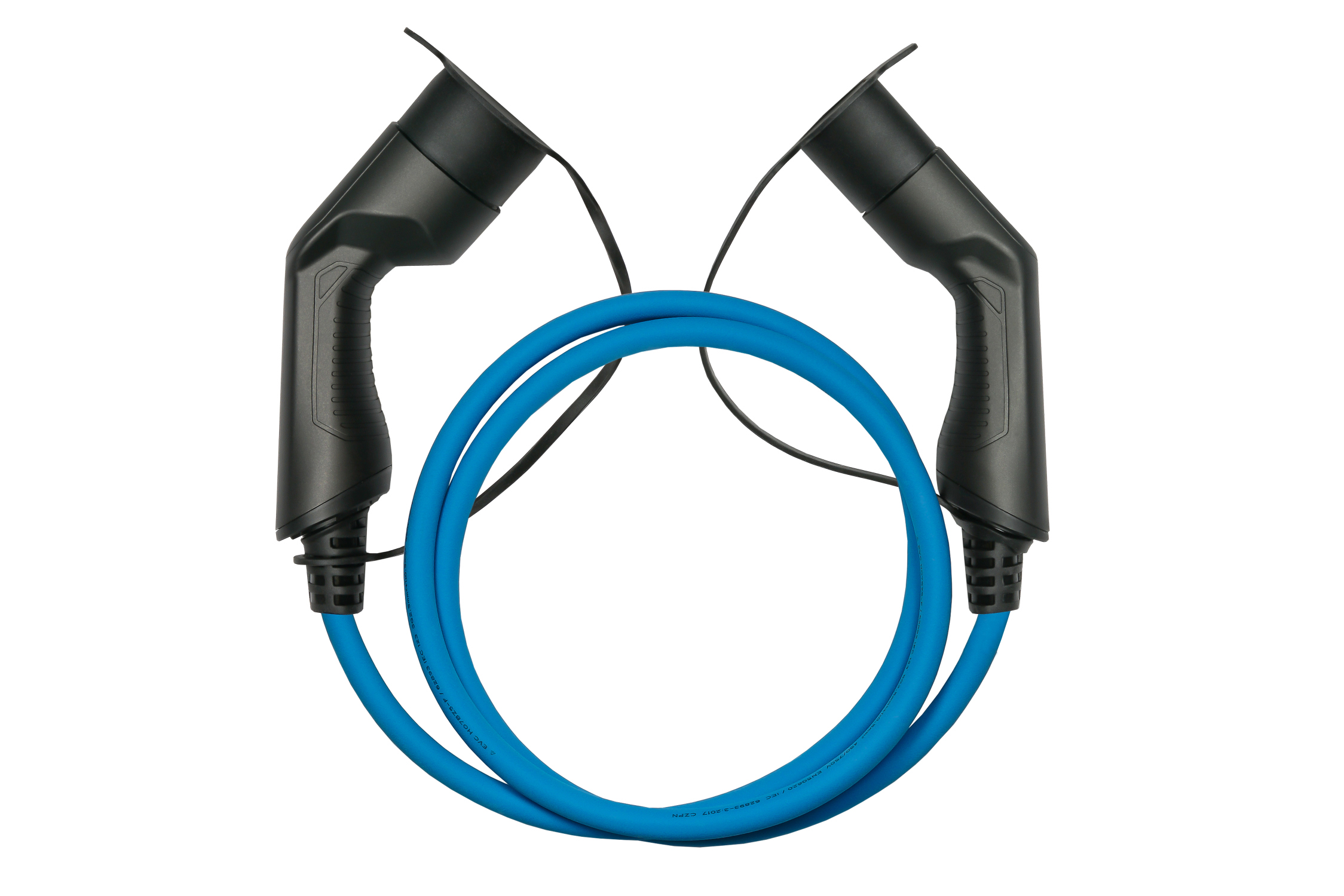 E-Auto-Ladekabel Mode 3, Typ 2 Stecker an Buchse, 3-phasig, 16 A, 11 kW, blau, 2,5m