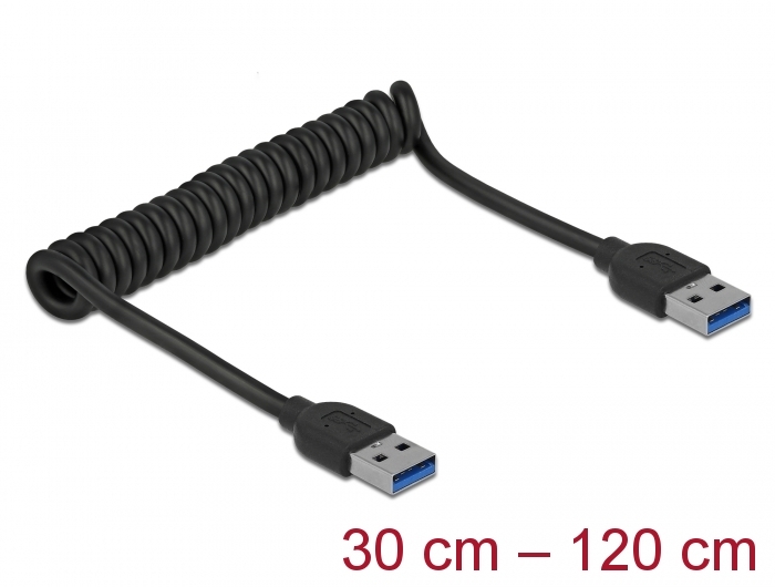 USB 3.0 Spiralkabel Typ-A Stecker an Typ-A Stecker, schwarz, 0,3 m bis 1,2 m