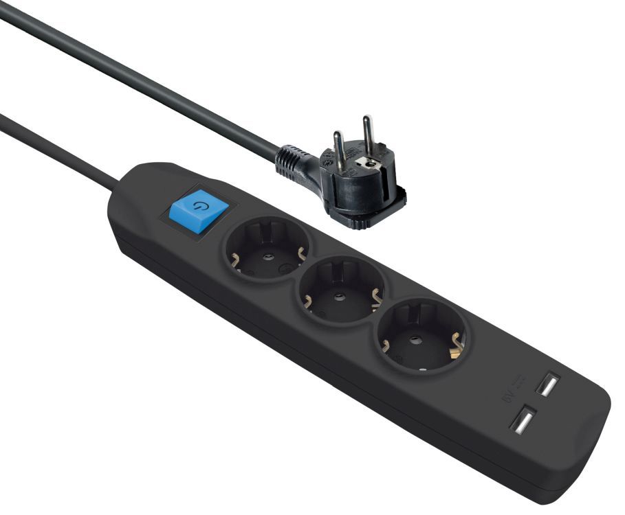 Steckdosenleiste 3-fach + 2x USB (2,1A), mit Schalter, flachen Schutzkontaktstecker, schwarz, 3m