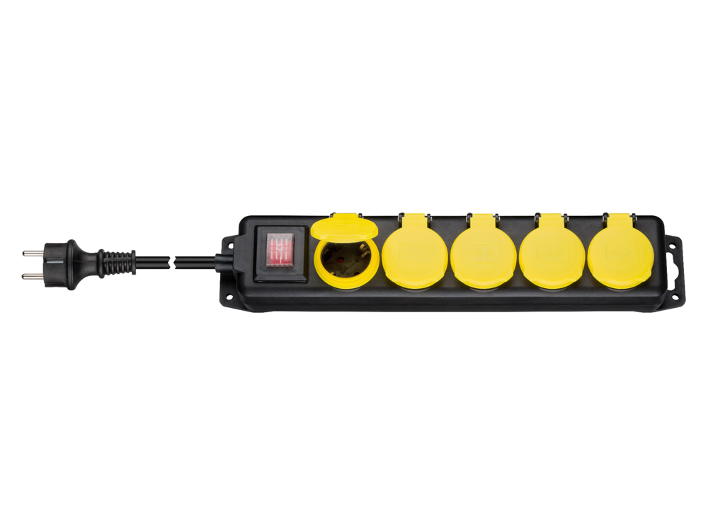 Steckdosenleiste 5-fach, mit beleuchtetem Ein-/Aus- Schalter, Outdoor geeignet, schwarz / gelb, 3m