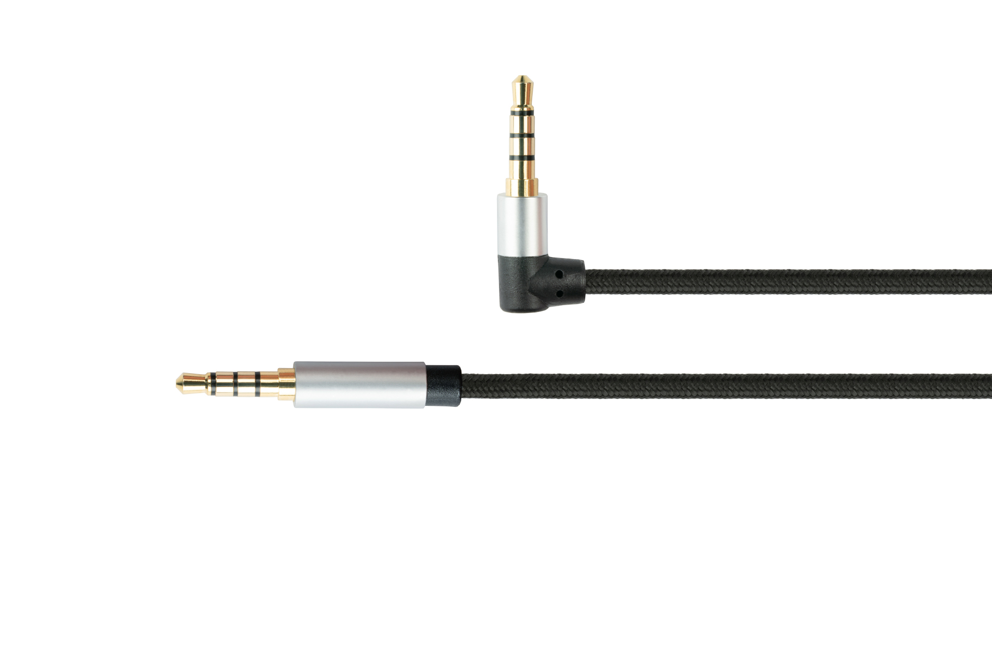 Audio Anschlusskabel High-Quality, 4-poliger 3,5mm Klinkenstecker an Klinkenstecker gewinkelt, Textilmantel, schwarz, 2m