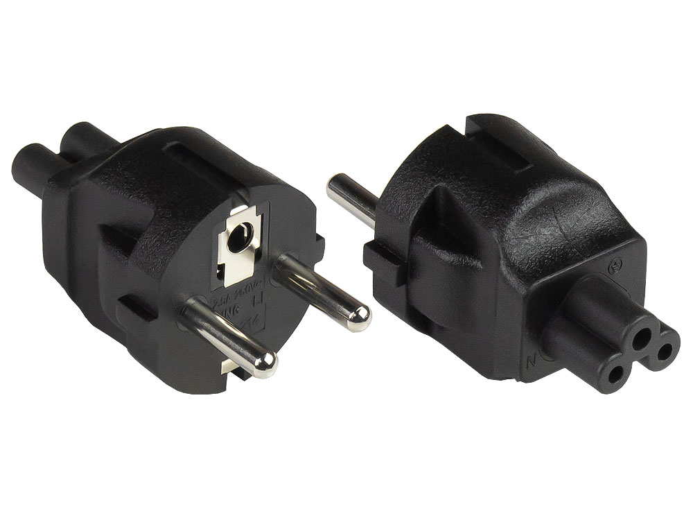 Stromadapter Schutzkontakt-Stecker Typ E+F (CEE 7/7, gerade) an Kleeblatt-Buchse C5, schwarz